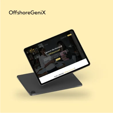 OffshoreGeniX website presented on a tablet, with a dark layout and yellow accents